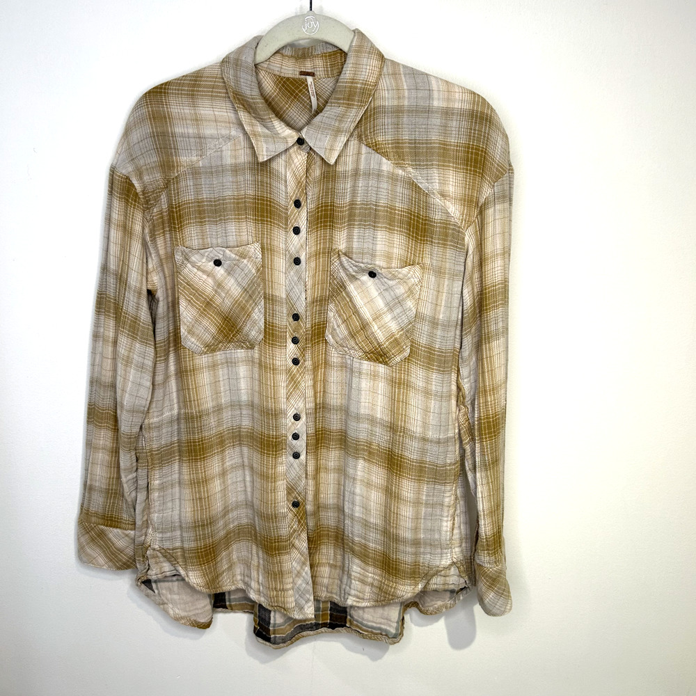 Free People Button Down Shirt Womens S Yellow Brown Plaid Flannel Boho Western